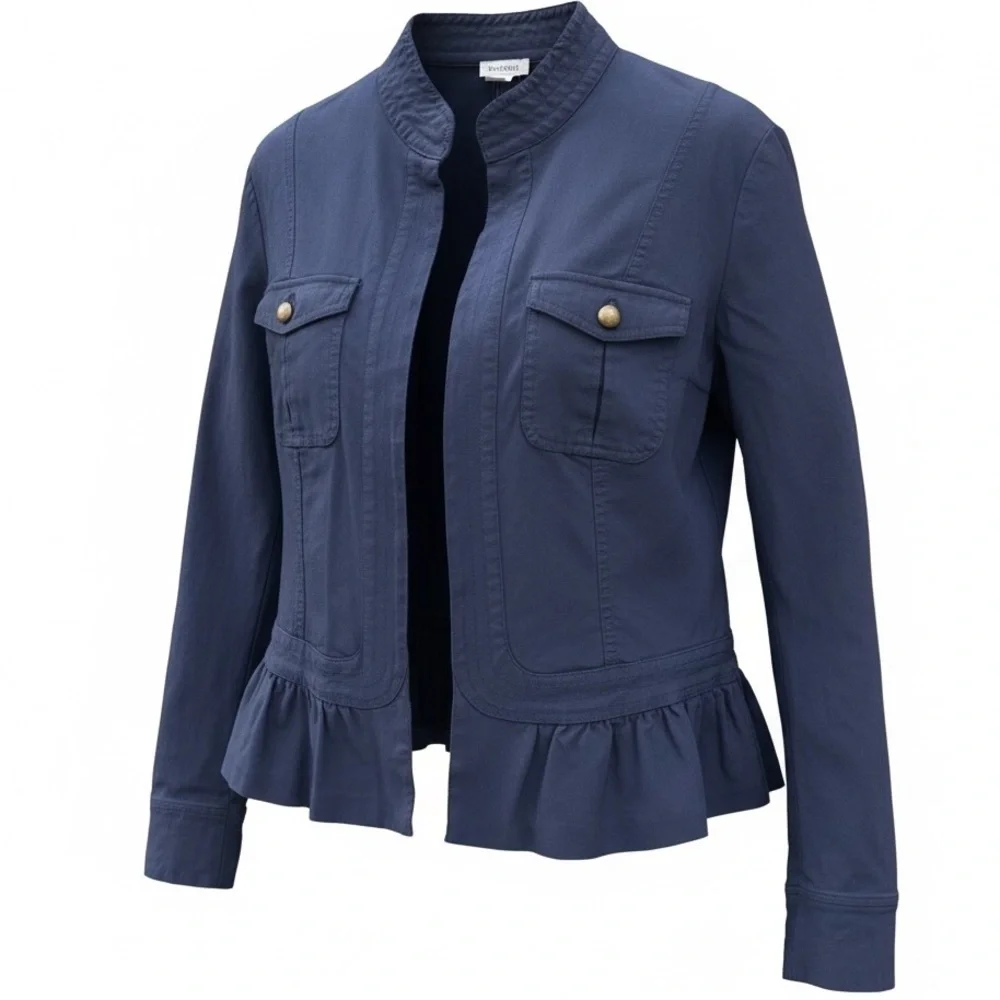 Westport Navy Ruffle Peplum jacket Open Front Stretch size XL - Picture 6 of 15